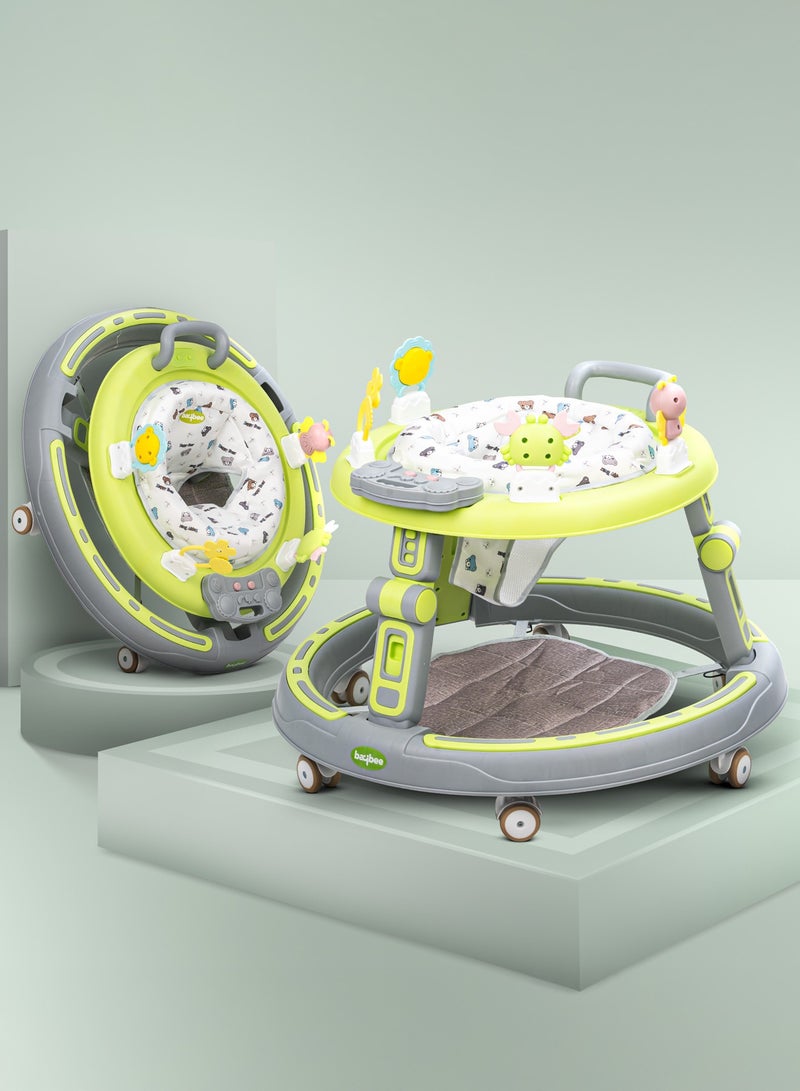 BAYBEE عربة أطفال 2 في 1 مع دفع للأطفال، عربة أطفال دائرية مع مقبض دفع، مقعد دوار 360 درجة، بار ألعاب موسيقية وسجادة قدم | عربة نشاط للأطفال | عربة دفع للأطفال من 6 إلى 24 شهرًا باللون الأخضر الفاتح - Image 1