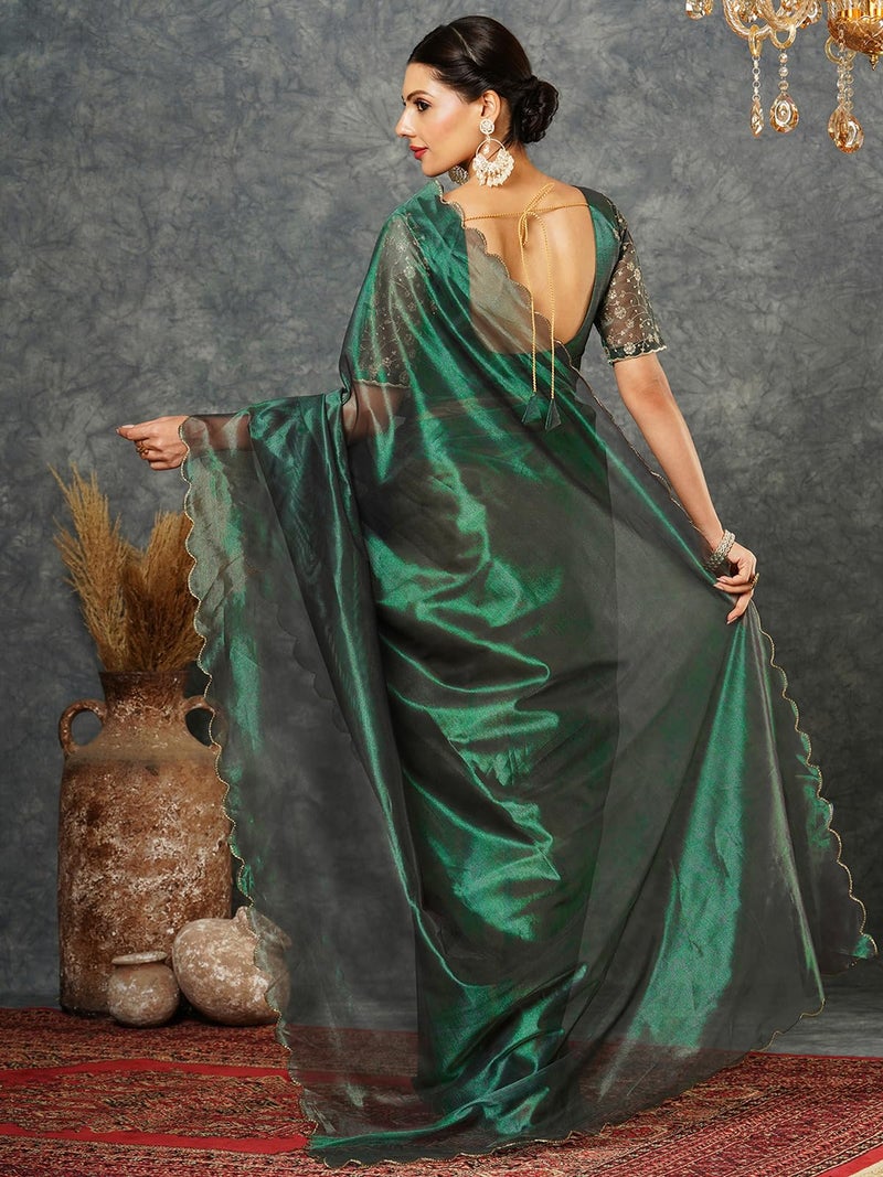 Satrani Women's Shimmer Net Embroidery And Scalloped Border Saree with Unstitched Blouse Piece (3899S441N_Dark Green) - Image 3