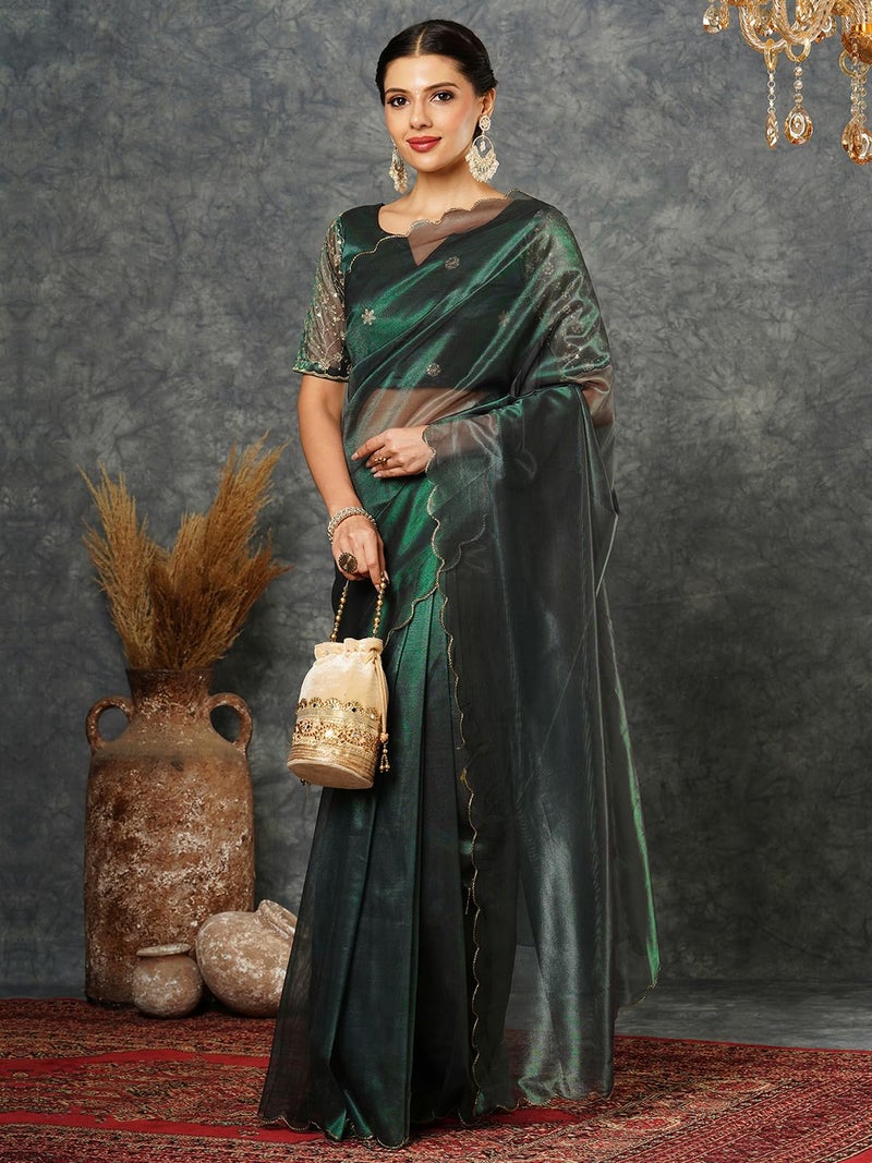 Satrani Women's Shimmer Net Embroidery And Scalloped Border Saree with Unstitched Blouse Piece (3899S441N_Dark Green) - Image 2