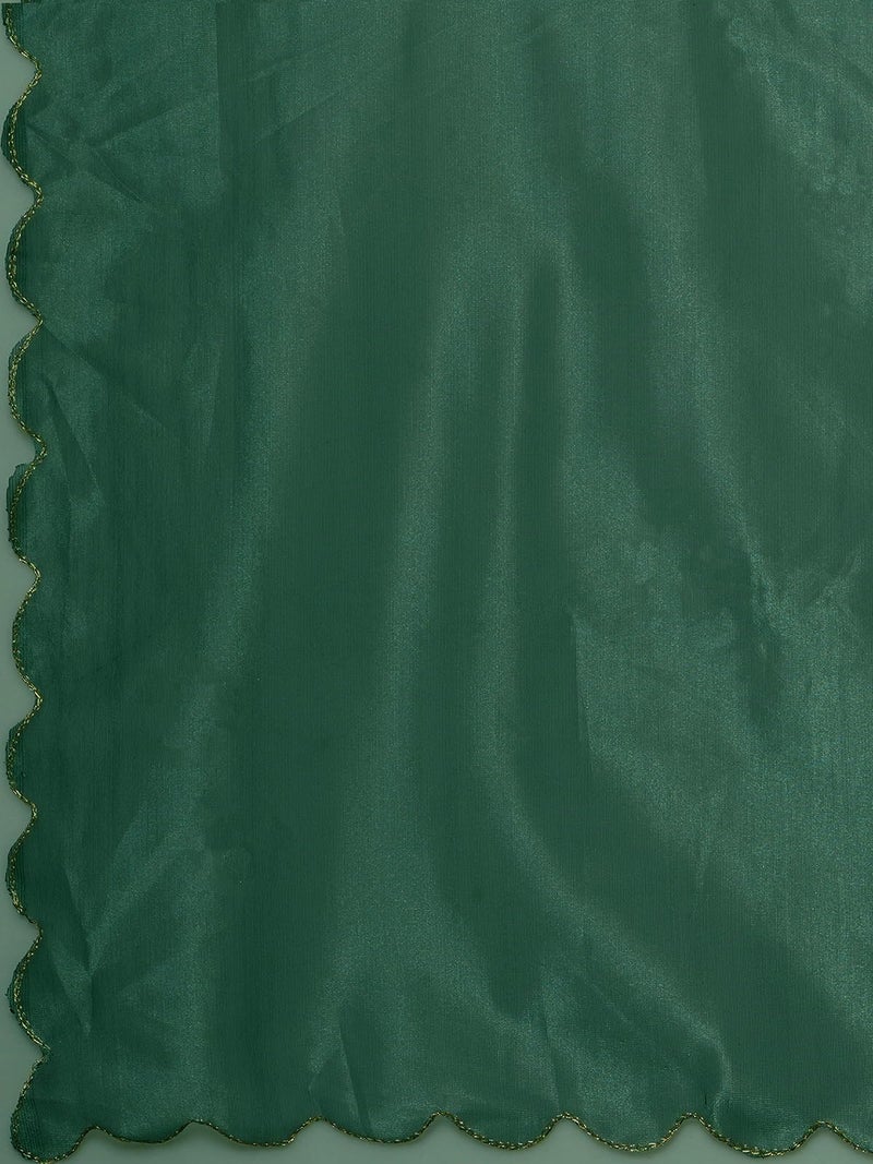Satrani Women's Shimmer Net Embroidery And Scalloped Border Saree with Unstitched Blouse Piece (3899S441N_Dark Green) - Image 5