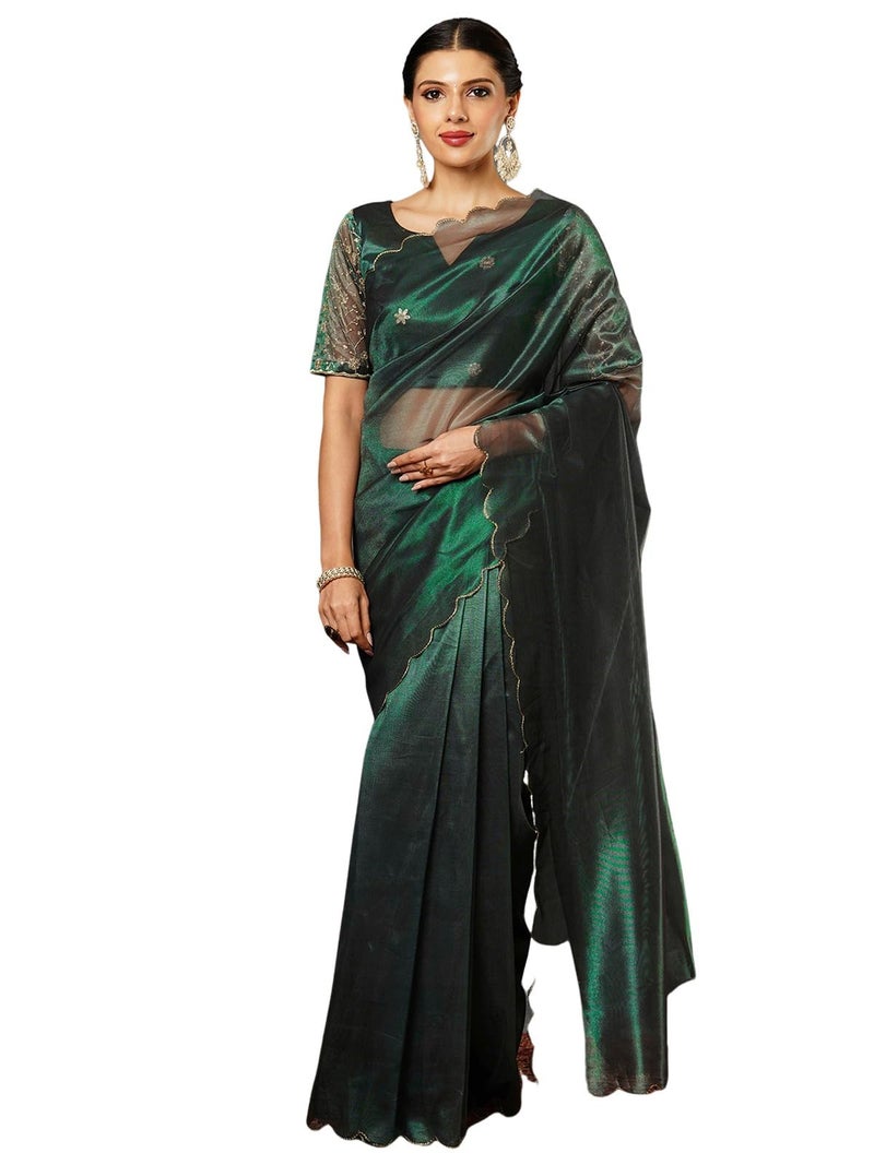Satrani Women's Shimmer Net Embroidery And Scalloped Border Saree with Unstitched Blouse Piece (3899S441N_Dark Green) - Image 1