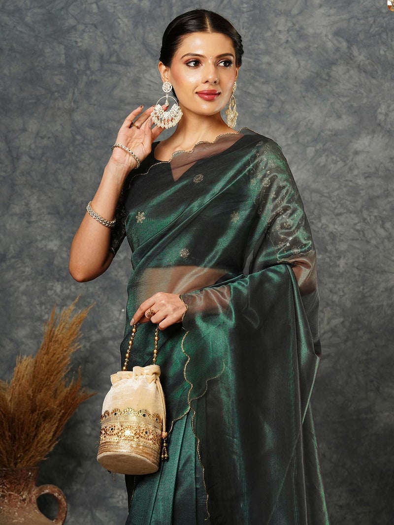 Satrani Women's Shimmer Net Embroidery And Scalloped Border Saree with Unstitched Blouse Piece (3899S441N_Dark Green) - Image 4