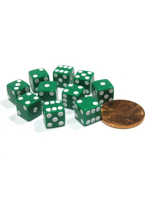 Koplow Games Set of 10 Green 8mm Six Sided D6 Small Square Dice with White Pips
