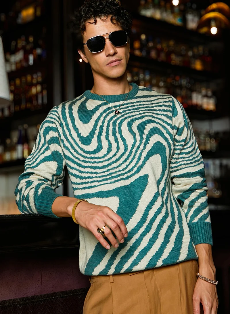 كامبوس سوترا كنزة رجالية بياقة دائرية بلون أخضر زمردي وبيج