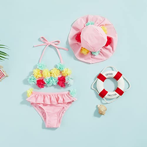 Yccutest Infant Baby Girl Flower Swimsuit 3Pcs Halter Triangle Tops Ruffle Bottoms Sun Hat Bikini Set Bathing Suit Swimwear (B-Pink,0-6 Months) - Image 3