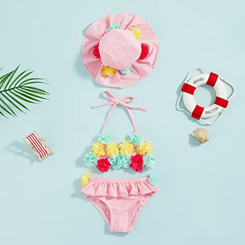 Yccutest Infant Baby Girl Flower Swimsuit 3Pcs Halter Triangle Tops Ruffle Bottoms Sun Hat Bikini Set Bathing Suit Swimwear (B-Pink,0-6 Months) - Image 2