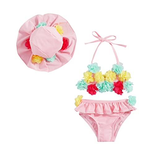 Yccutest Infant Baby Girl Flower Swimsuit 3Pcs Halter Triangle Tops Ruffle Bottoms Sun Hat Bikini Set Bathing Suit Swimwear (B-Pink,0-6 Months) - Image 1