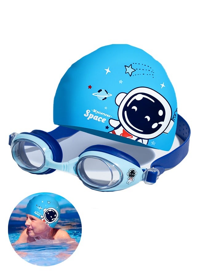 سبيس نظارات سباحة للأطفال مع قبعة سباحة، للأولاد والبنات من سن 3 إلى 14 عامًا، مقاومة للتسرب، ومضادة للأشعة فوق البنفسجية، وقبعات سباحة مقاومة للماء برسومات كرتونية. - Image 1