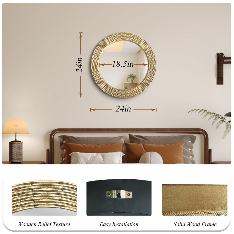 WAMIRRO Gold Round Wood Mirror, 24 Inch Hand Carved Solid Wood Frame Circle Mirror for Wall Mount, Farmhouse Boho Decor for Living Room, Bathroom, Bedroom, Hallway & Entryway - Image 4
