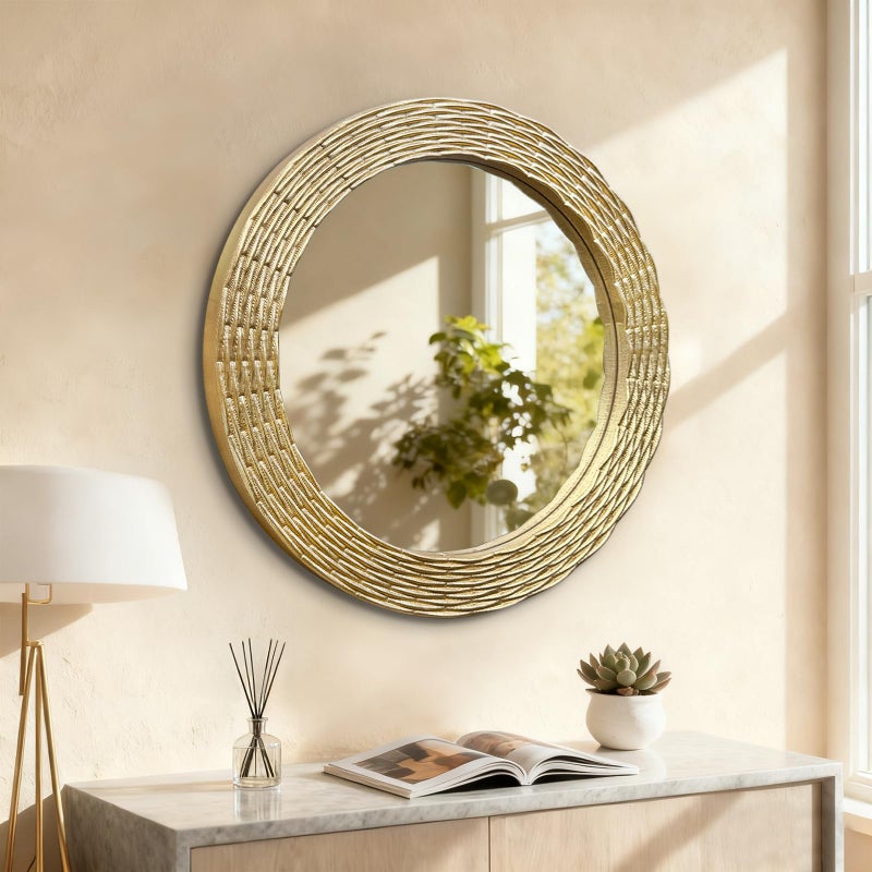 WAMIRRO Gold Round Wood Mirror, 24 Inch Hand Carved Solid Wood Frame Circle Mirror for Wall Mount, Farmhouse Boho Decor for Living Room, Bathroom, Bedroom, Hallway & Entryway - Image 1