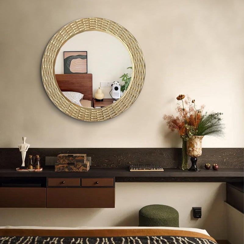 WAMIRRO Gold Round Wood Mirror, 24 Inch Hand Carved Solid Wood Frame Circle Mirror for Wall Mount, Farmhouse Boho Decor for Living Room, Bathroom, Bedroom, Hallway & Entryway - Image 2
