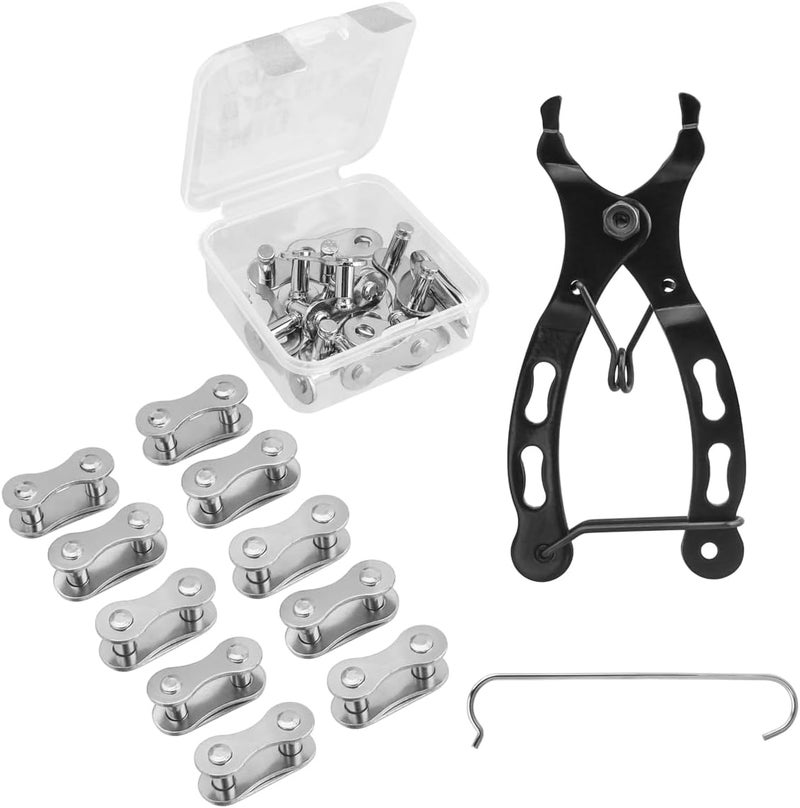 Eyech Bicycle Chain Tool Kit 10 Pairs Quick Link Reusable Bicycle Buckle for Single Speed Silver Steel Carbon Steel Bike Link Plier with Hook Bike Magic Buckle Missing Link Connector - Image 1
