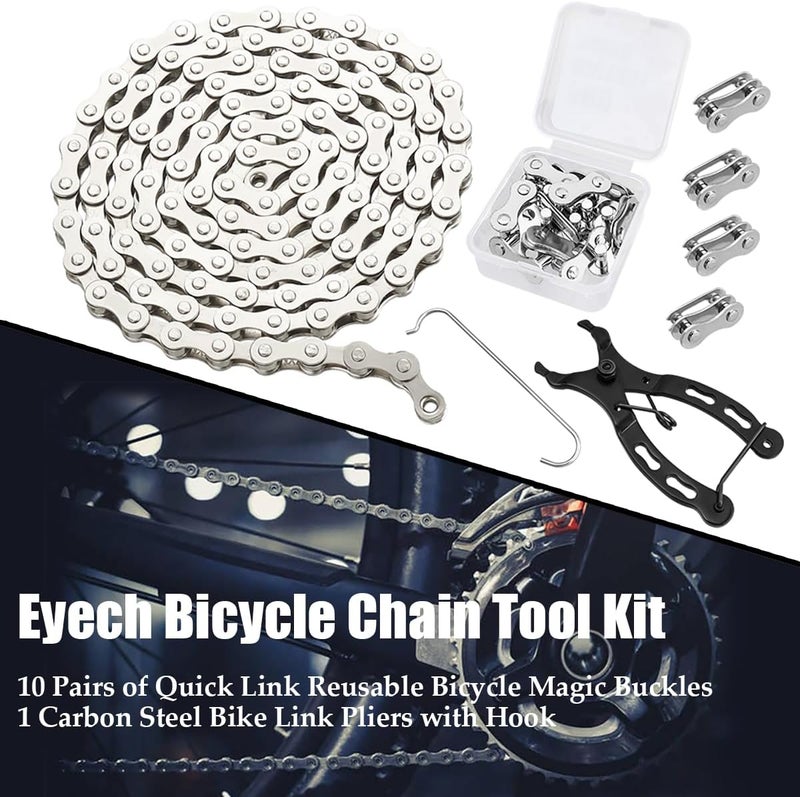 Eyech Bicycle Chain Tool Kit 10 Pairs Quick Link Reusable Bicycle Buckle for Single Speed Silver Steel Carbon Steel Bike Link Plier with Hook Bike Magic Buckle Missing Link Connector - Image 3