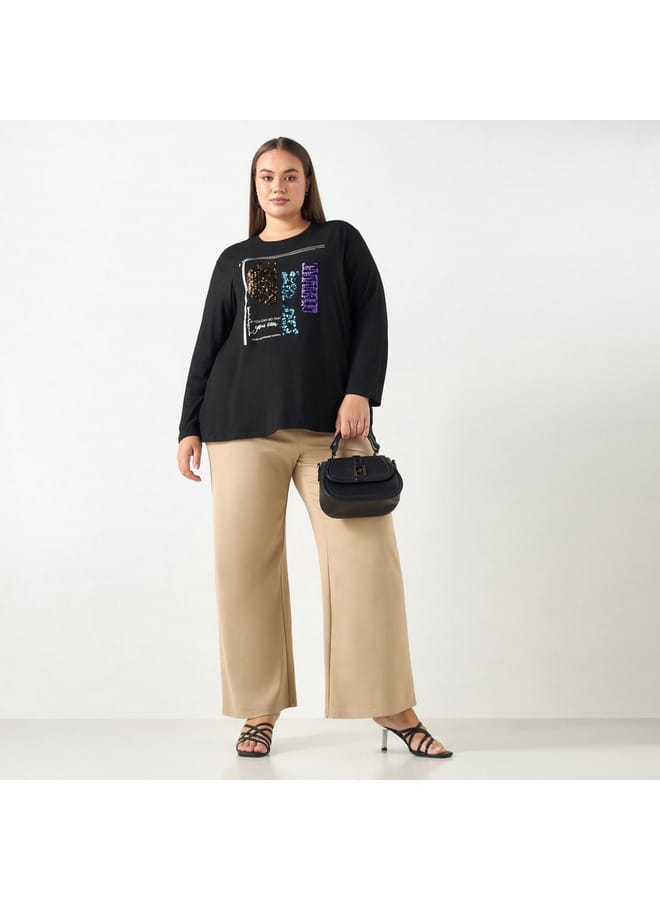 Ulla Popken Plus Size Ulla Popken Embellished T-shirt with Long Sleeves and Round Neck  - Image 3