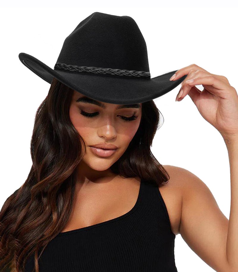 Eohak Womens Western Cowboy Hats Studded Pinched Western Cowgirl Hats Wide Brim Fedoras Hat with Belt Buckle (Size:Medium) - Image 1