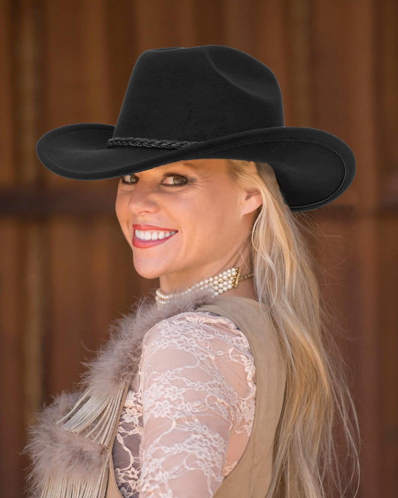Eohak Womens Western Cowboy Hats Studded Pinched Western Cowgirl Hats Wide Brim Fedoras Hat with Belt Buckle (Size:Medium) - Image 5