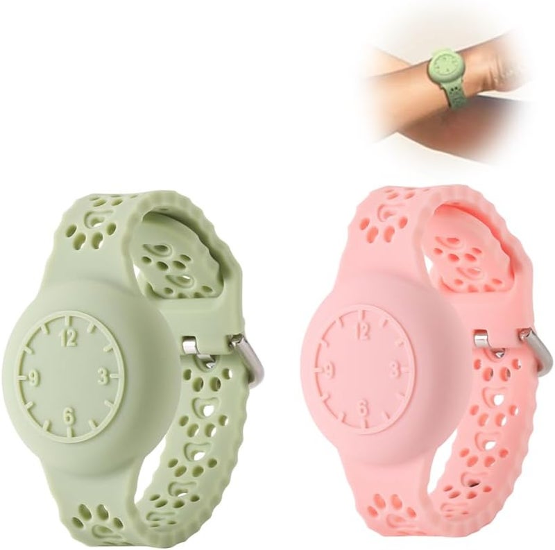 Luckam Kids AirTag Holder, Waterproof Silicone Bracelets with Dog Paw Design, Lightweight & Compatible with Apple AirTag Case, Pink & Green, 2PCS - Image 1