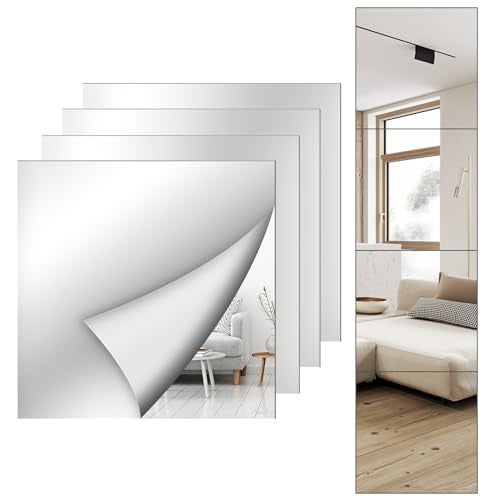 Shiftshade 4 Pack Wall Mirror Full Length, 12 x 12 Inch Acrylic Mirror Tiles, Shatterproof Flexible Plastic Mirror Sheets for Bedroom Home Gym Door - Image 1