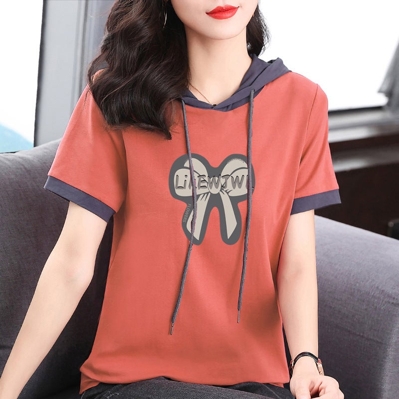 Pure Cotton Short-Sleeved T-Shirt For Women 2024 Summer Loose Slimming Thin Sweatshirt Fashionable Printed Hooded Base Shirt Round Neck - Image 1