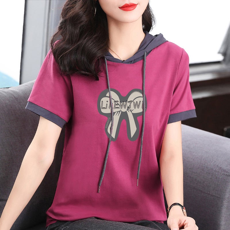 Pure Cotton Short-Sleeved T-Shirt For Women 2024 Summer Loose Slimming Thin Sweatshirt Fashionable Printed Hooded Base Shirt Round Neck - Image 5