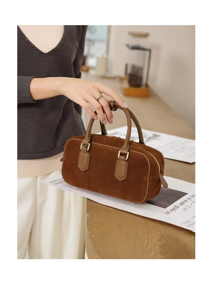 Generic Crossbody Bag 2024 New Genuine Leather Portable Vintage Bowling Bag Nubuck Cowhide Boston Bag  - Image 1