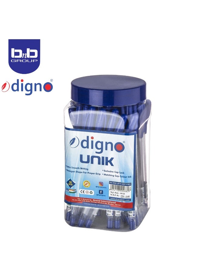 Digno Unik Ball Pen 1.mm 50 Pcs Jar Blue, for Students | Office Pens | Ballpoint Pens for Writing. - Image 1
