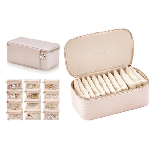 VLANDO Travel Jewelry Box Organizer Portable PU Leather Jewelry Case with 6812 Zippered Pouches Compact Storage for Earrings Rings Necklaces Bracelets Rosy Mauve - Image 1