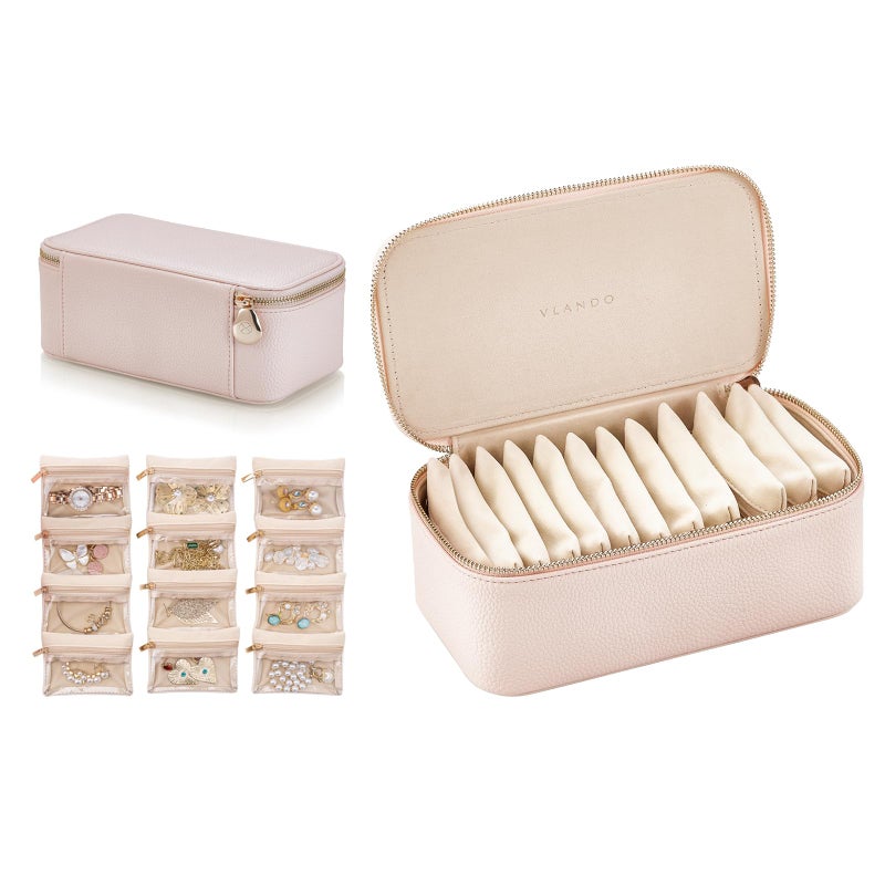 VLANDO Travel Jewelry Box Organizer Portable PU Leather Jewelry Case with 6812 Zippered Pouches Compact Storage for Earrings Rings Necklaces Bracelets Rosy Mauve - Image 2