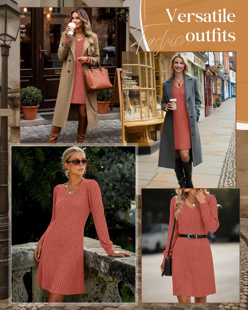 Ficerd Women's Knit Long Sleeve Sweater Dress Casual V Neck Tunic Dresses Fall Trendy Outfits(Caramel,M) - Image 3