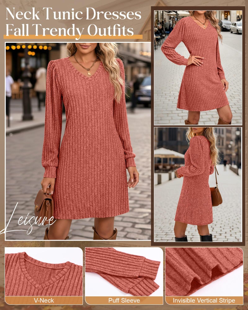 Ficerd Women's Knit Long Sleeve Sweater Dress Casual V Neck Tunic Dresses Fall Trendy Outfits(Caramel,M) - Image 5
