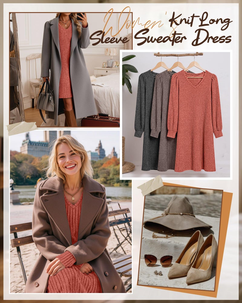 Ficerd Women's Knit Long Sleeve Sweater Dress Casual V Neck Tunic Dresses Fall Trendy Outfits(Caramel,M) - Image 4