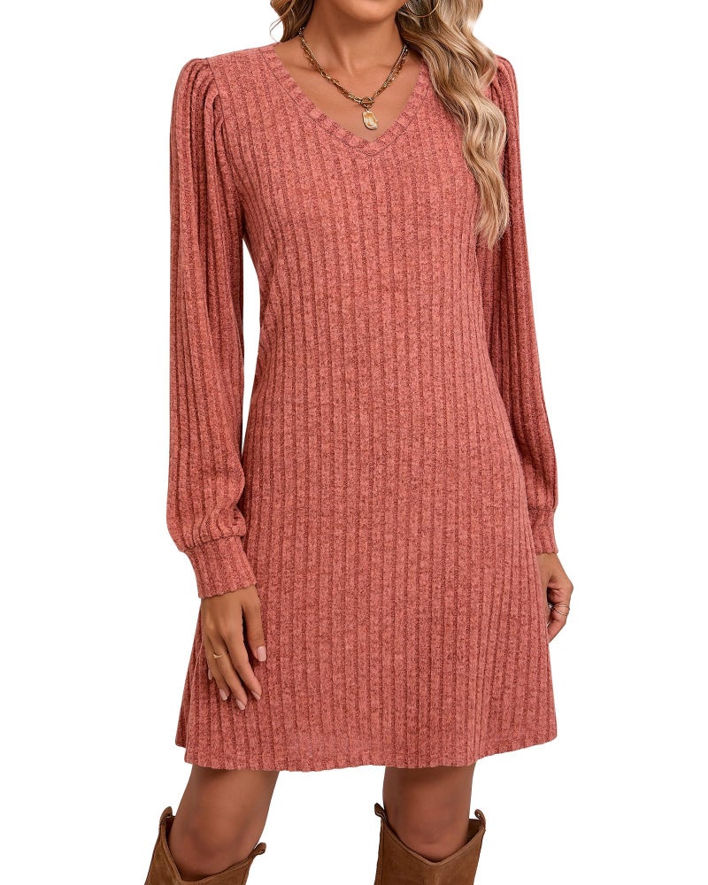 Ficerd Women's Knit Long Sleeve Sweater Dress Casual V Neck Tunic Dresses Fall Trendy Outfits(Caramel,M) - Image 1