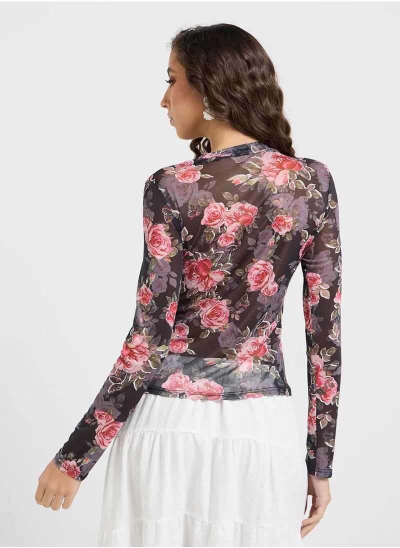 جينجر Mesh Rose Print Fitted Long Sleeves Top