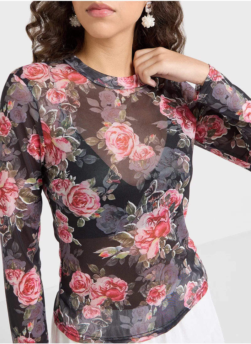 جينجر Mesh Rose Print Fitted Long Sleeves Top