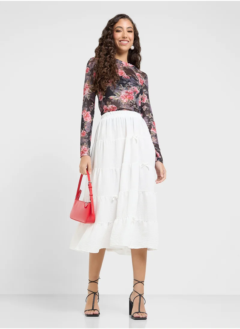جينجر Mesh Rose Print Fitted Long Sleeves Top