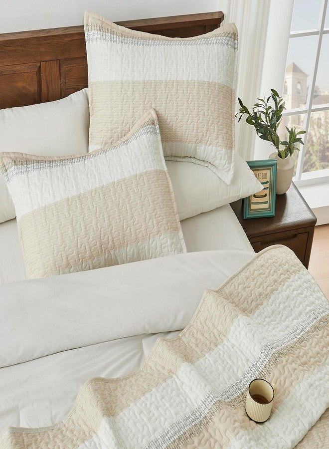 Andency King Size Quilt Set Beige, 3 Pieces Beige Ultra Soft Lightweight Bedspreads & Coverlets Set, Patchwork Striped Quilted Bedding Sets for All Seasons (1 Quilt, 2 Pillow Shams) - Image 3