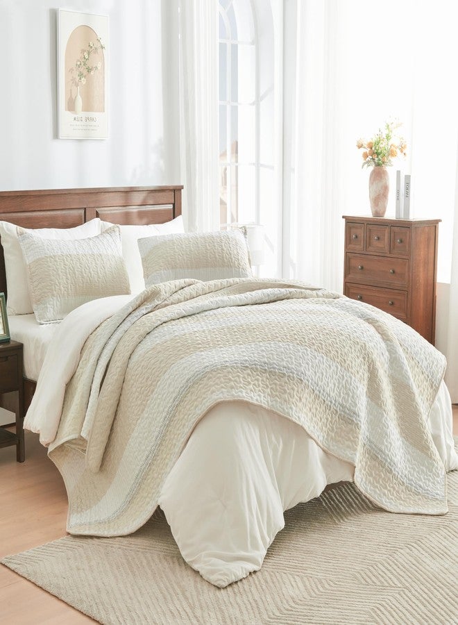 Andency King Size Quilt Set Beige, 3 Pieces Beige Ultra Soft Lightweight Bedspreads & Coverlets Set, Patchwork Striped Quilted Bedding Sets for All Seasons (1 Quilt, 2 Pillow Shams) - Image 4