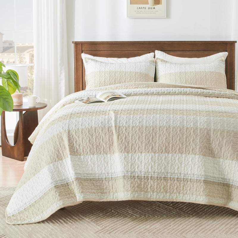 Andency King Size Quilt Set Beige, 3 Pieces Beige Ultra Soft Lightweight Bedspreads & Coverlets Set, Patchwork Striped Quilted Bedding Sets for All Seasons (1 Quilt, 2 Pillow Shams) - Image 1