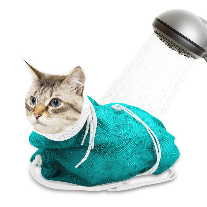 Catcan Cat Bathing Bag, Breathable Mesh Cat Shower Bag Anti Scratch Adjustable Cat Grooming Bag for Nail Trimming Polyester Soft Washing Bag - Image 1