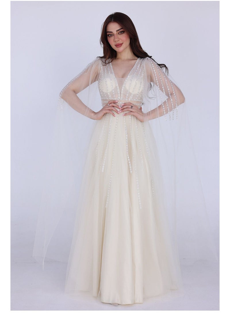 Dentek Evening dress with transparent kerchief sleeves, V-neckline embroidered with crystal slides at the top  - Image 1