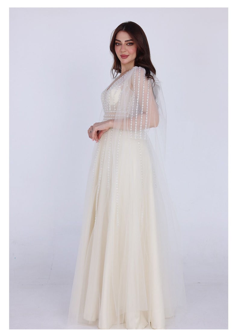 Dentek Evening dress with transparent kerchief sleeves, V-neckline embroidered with crystal slides at the top  - Image 2