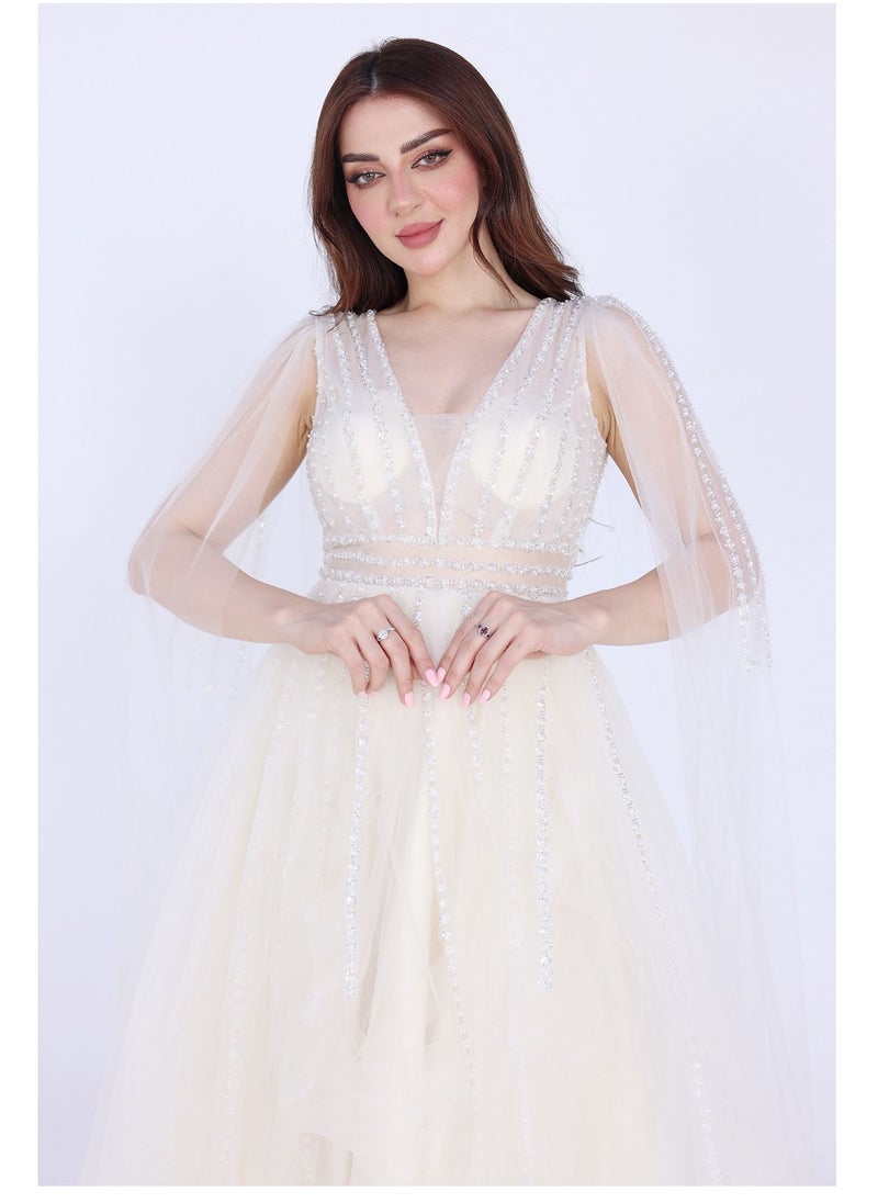 Dentek Evening dress with transparent kerchief sleeves, V-neckline embroidered with crystal slides at the top  - Image 3