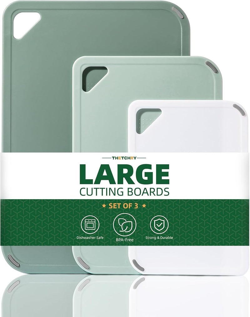 thetchry Plastic Cutting Board Set of 3-Cutting Boards for Kitchen BPA Free, Large-Small Chopping Boards Non-Slip for Cooking Camping Dishwasher Safe, Reversible, with Grip Handle, 15"×10"×0.6" Green - Image 1