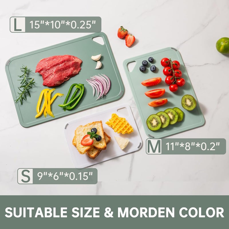 thetchry Plastic Cutting Board Set of 3-Cutting Boards for Kitchen BPA Free, Large-Small Chopping Boards Non-Slip for Cooking Camping Dishwasher Safe, Reversible, with Grip Handle, 15"×10"×0.6" Green - Image 4