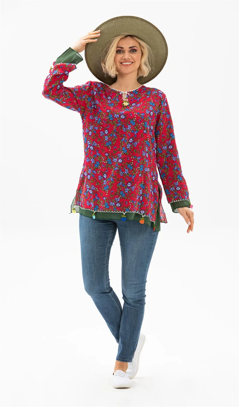 اليش شيل بيزي Long Sleeve Ceyda Voile Blouse Red 6164