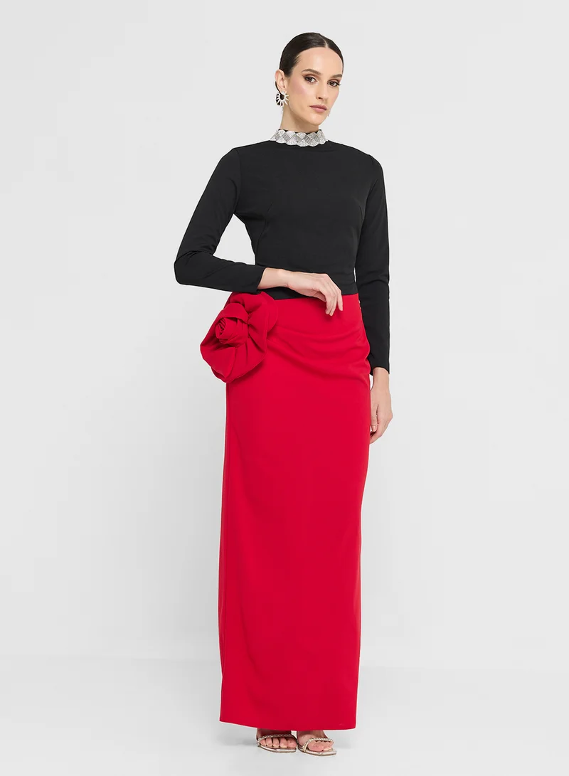 Namshi x Color Block Bodycon Dress With Floral Waist Detail
