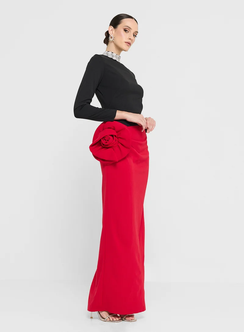 Namshi x Color Block Bodycon Dress With Floral Waist Detail