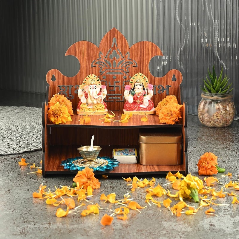 BerryBox Wood Hand Crafted Om Pattern Home Temple for Puja Temple for Home and Office l Puja Mandir l Wooden Mandir l Puja Shelve | Puja Stand (Design 4) - Image 1