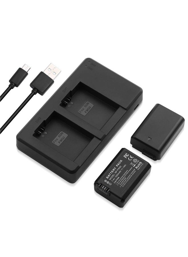NP-FW50 Battery 2 Packs 1500mAh Rechargeable Li-ion Batteries and Dual Charger for Sony A6500, A6400, A6300, A6000, A7, A7II、  - Image 1