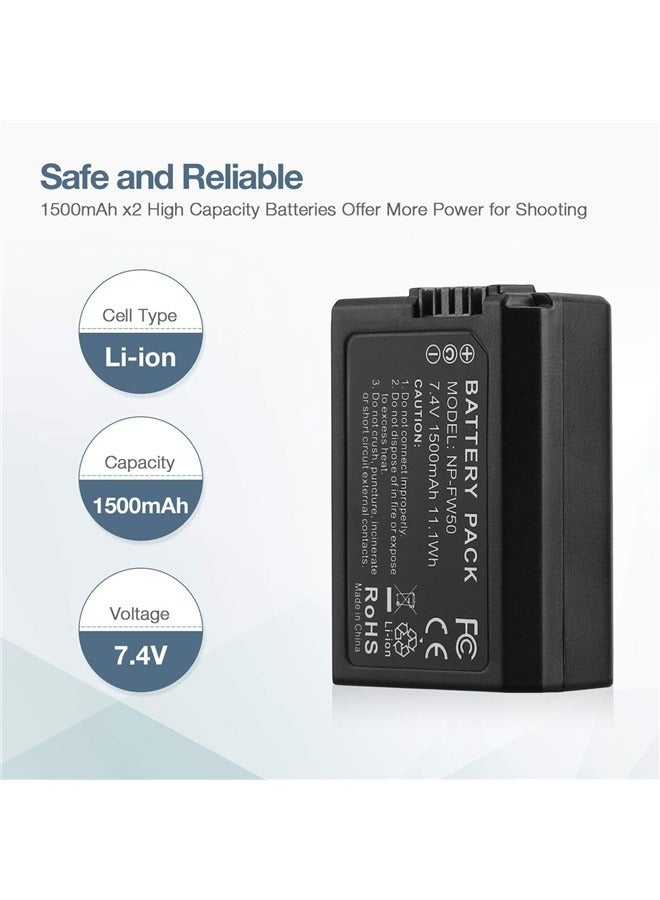 NP-FW50 Battery 2 Packs 1500mAh Rechargeable Li-ion Batteries and Dual Charger for Sony A6500, A6400, A6300, A6000, A7, A7II、  - Image 2